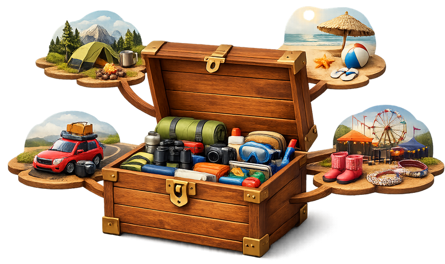 A treasure chest of packed gear opening into camping, beach, road trip, and theme park adventures